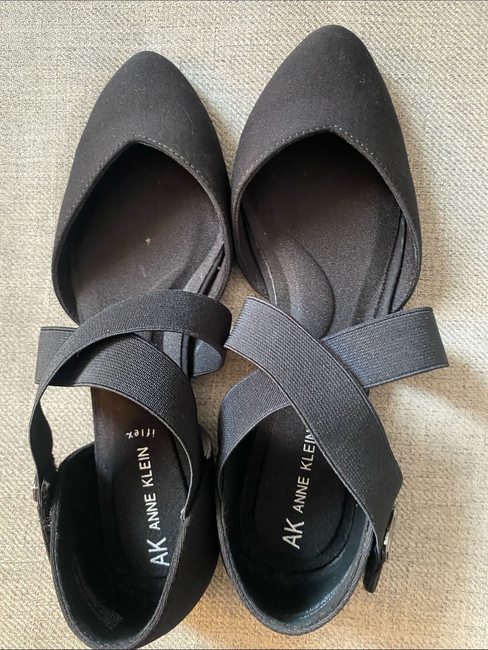 Anne Klein Black Pointed-Toe Crisscross Elastic Strap Flats
